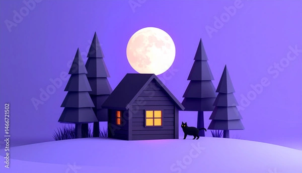 Fototapeta Firefly lowpoly dark forest scene with spooky cabin and black cat on roof under full moon glowing in night sky with stylized minimal design