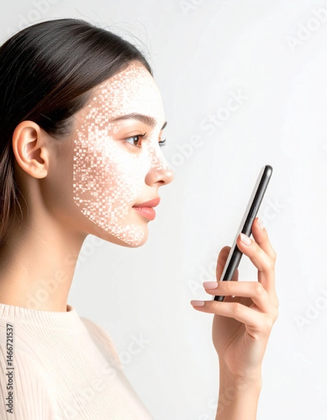 Fototapeta Young woman holding smartphone with pixelated digital mask effect on her face, symbolizing facial recognition technology and digital identity in bright setting