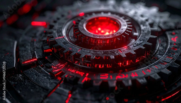 Fototapeta Mechanical gear with glowing red light and ancient runes, close up of dark steampunk style object with intricate details and mysterious, eerie atmosphere