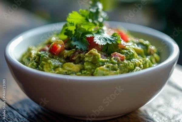 Fototapeta Fresh guacamole in a small white bowl on a table