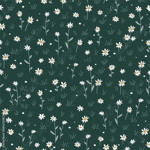 Fototapeta Meadow flowers seamless pattern. Grass with daisy or chamomile flowers. Summer fields background. Vector cartoon illustration.