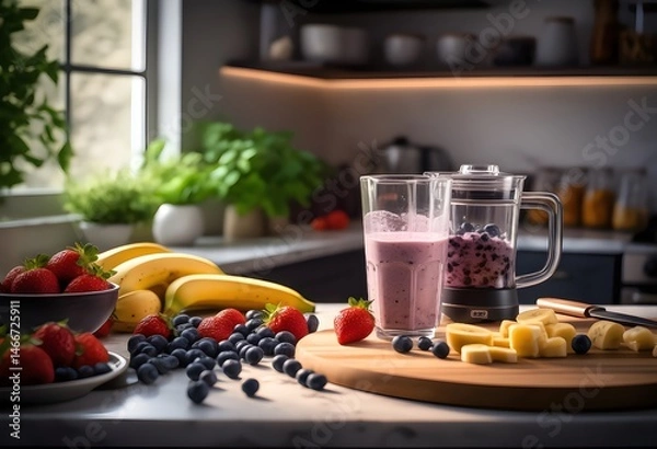 Fototapeta Fresh fruits and blender on kitchen for making healthy homemade smoothie. Healthy lifestyle concept. Smoothie ingredients and blender for healthy breakfast or detox drink
