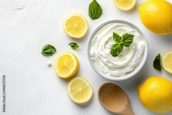 Obraz Overhead still life of creamy yogurt bowl with lemon slices and basil leaves on white textured surface for healthy eating
