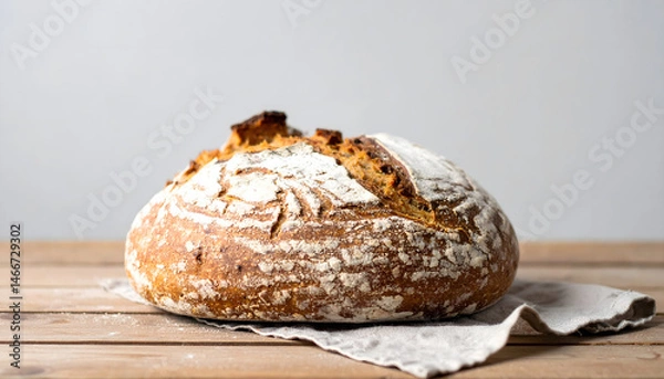 Fototapeta Artisan Crusty Sourdough Bread Loaf on Rustic Wooden Table