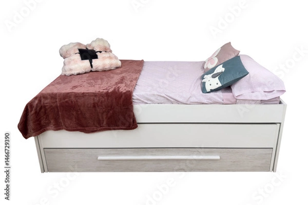 Obraz teen single bed with pillows isolated on white background