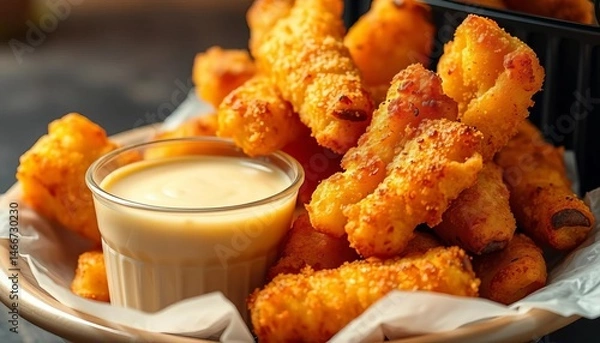 Fototapeta Golden-brown air fryer snacks with dipping sauce, fresh, food