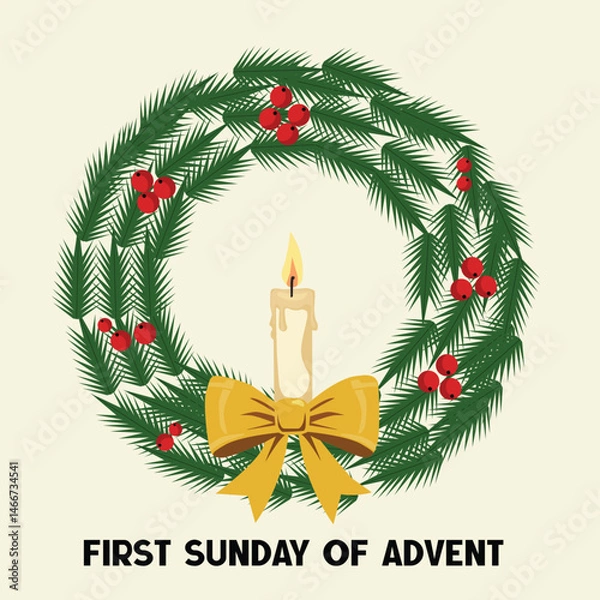 Obraz First Sunday of Advent with Candle in Wreath – Christmas Season Illustration