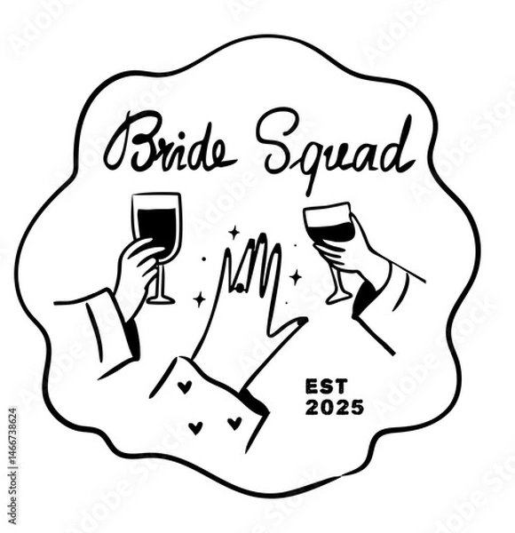 Fototapeta Bachelorette and bridesmaids tshirt print design, hand drawn outline illustration isolated