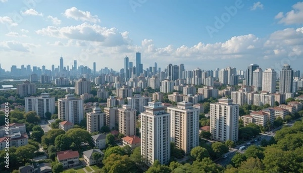 Fototapeta Aerial View of a Modern Cityscape under a Partly Cloudy Sky