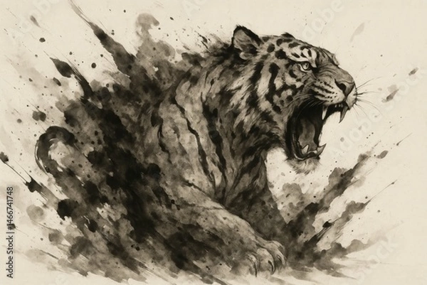 Fototapeta Dynamic ink tiger roar art with expressive brush stroke composition