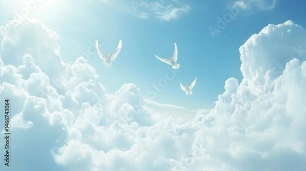 Fototapeta Three white doves flying in bright blue sky with fluffy clouds aerial view freedom concept