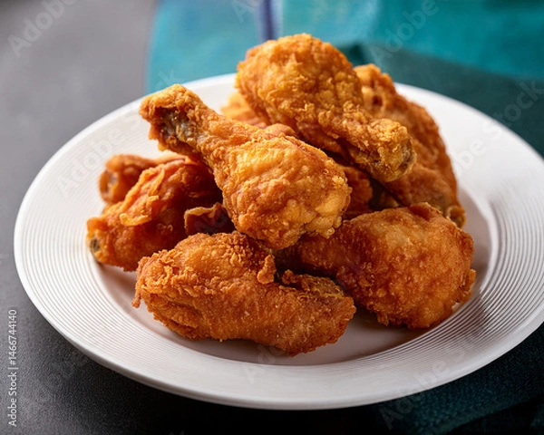 Obraz Golden-brown, crispy fried chicken drumsticks arranged on a white platter, displaying their juicy interior and crunchy outside