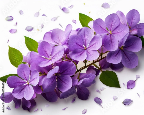 Obraz Highlighted by a single green leaf, a rich branch of purple flowers with dispersed petals captures the splendor of nature in full bloom.