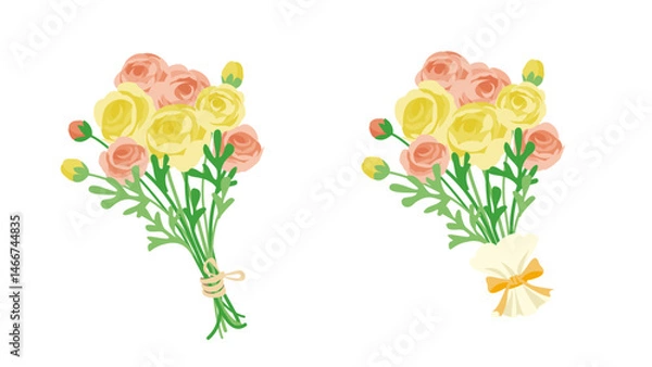 Obraz 黄色いラナンキュラスのブーケのイラスト。紐で括られた花束とリボンでラッピングされた花束のセット。