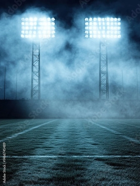 Fototapeta Stadium Lights Illuminate Foggy Football Field at Night Low Angle Shot Dramatic Lighting