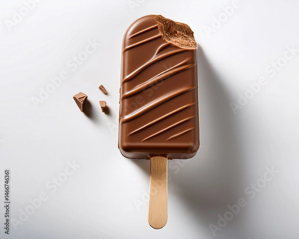 Obraz On a clear background, a realistic chocolate-covered ice cream bar with a bite out of it is displayed on a wooden stick.