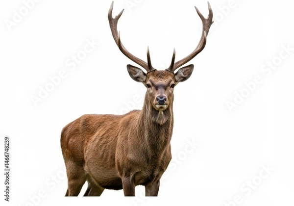 Fototapeta Majestic red deer stag with large antlers standing against a clean white background looking directly at the camera