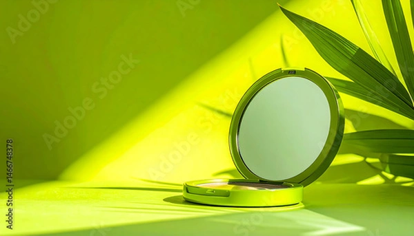 Fototapeta a serene setting featuring a makeup mirror, which is in a casual upright position resting against what appears to be a plant leaf