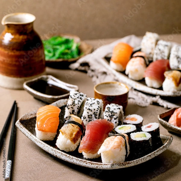 Obraz Japanese dish sushi and rolls rice with fish