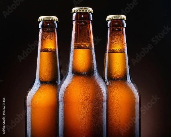 Obraz Three bottles of brown beer against a clear backdrop.