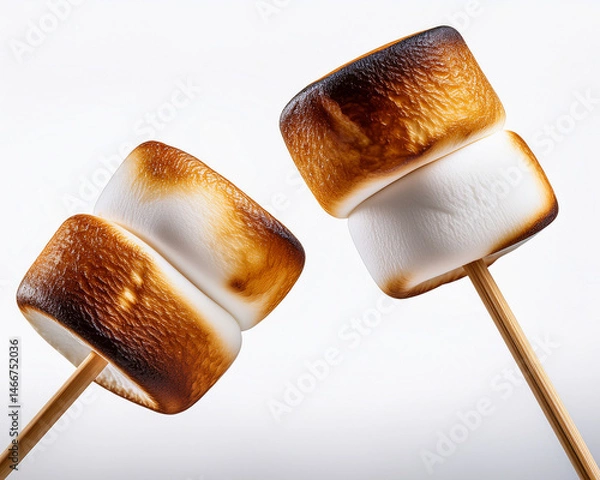 Obraz Two toasted marshmallows on sticks, their smooth, white texture contrasted with the golden-brown topping