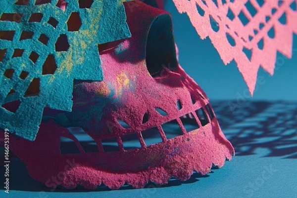 Fototapeta "Close-up view of traditional sugar skull mold dusted in hibiscus, dramatic neon pink lighting casting angular shadows with soft cyan Mexican paper cutout designs"
