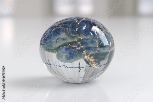 Fototapeta Transparent glass brain sculpture filled with flowing colored liquid pathways, glowing blue backlight emphasizing neural connections