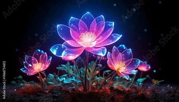 Obraz glowing neon transparent flowers night theme