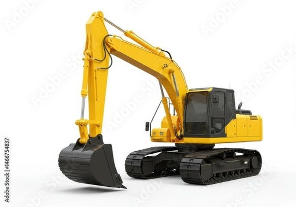 Fototapeta Isolated yellow excavator with a black bucket and treads against a white background in a studio setting