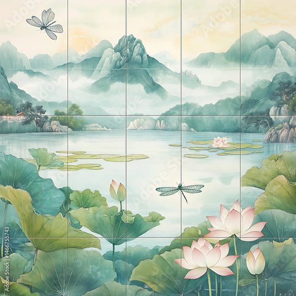Fototapeta Seamless patterns of Chinese and Japanese traditional tile designs with elegant illustrations