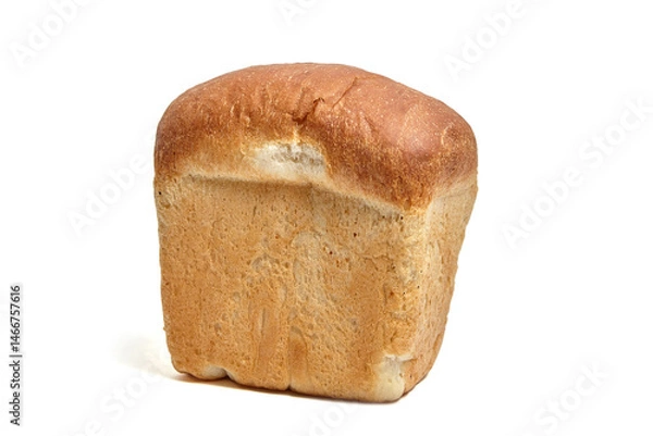 Fototapeta Freshly baked rectangular loaf of bread with a golden-brown crust and soft texture. Traditional sandwich bread with a fluffy interior, isolated on a white background