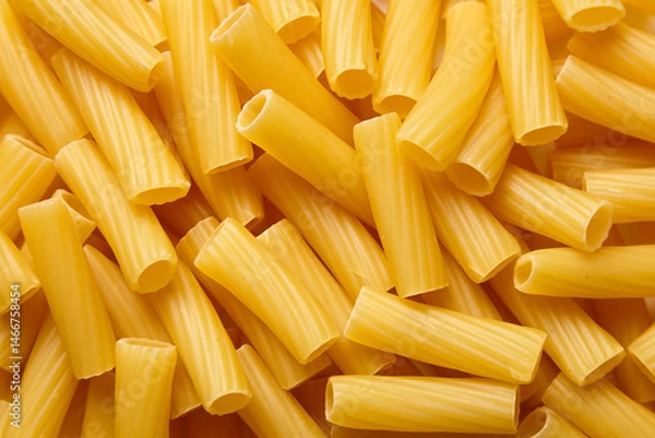 Fototapeta Bright macro image of dry yellow tortiglioni pasta with ridged surfaces arranged densely, emphasizing texture and tubular shape for culinary use