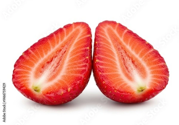 Fototapeta Halved strawberry showing the internal structure and vibrant red color against a white background