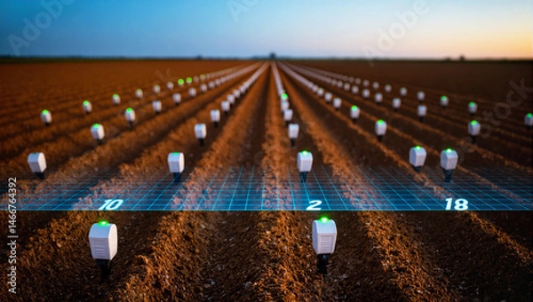 Fototapeta Champ Agricole Futuriste avec Capteurs Intelligents, Agriculture de Précision et Technologie IOT au Crépuscule