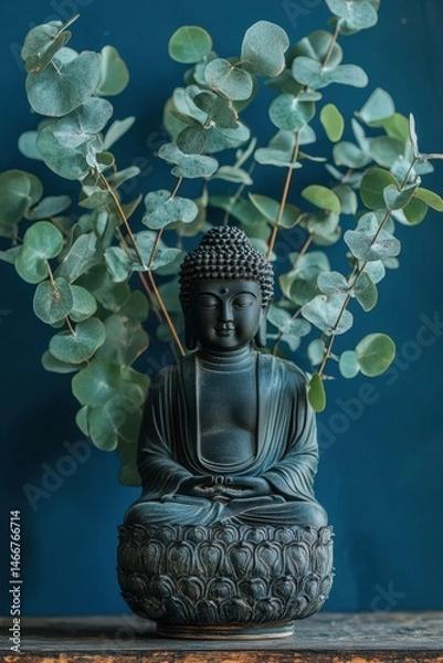 Obraz Serene Buddha Statue Meditating with Eucalyptus Branches Against a Dark Blue Wall Still Life Photography