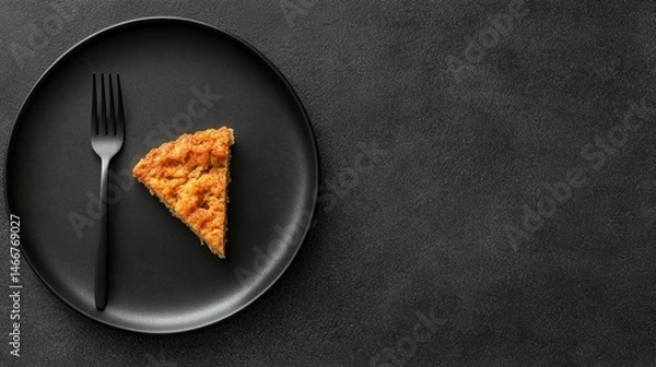 Fototapeta A slice of cake on a black plate with a fork.