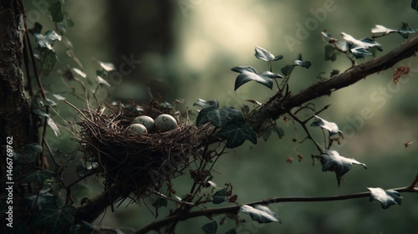 Fototapeta A serene nest, gently cradling eggs within a tree. Birds flutter around the home. A delicate balance of nature's creation.