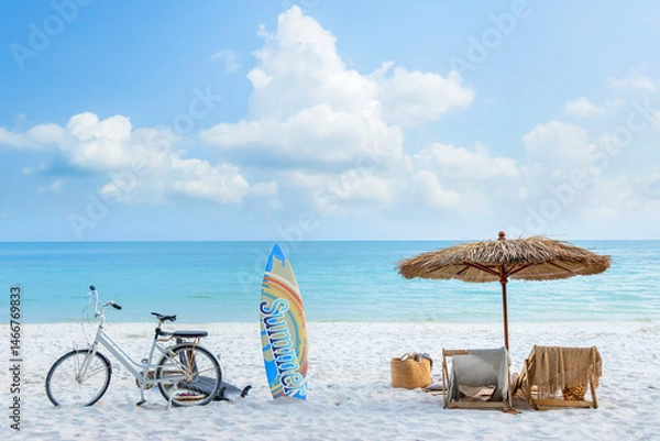 Fototapeta beautiful tranquil white sand beach with two beach chair and thatched umbrella with surfboard. romantic summer vacation at tropical private island for luxury sea resort advertising background.