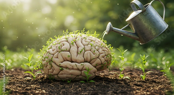 Fototapeta Brain With Growing Plants Being Watered In Garden Sunlight Conceptual Idea