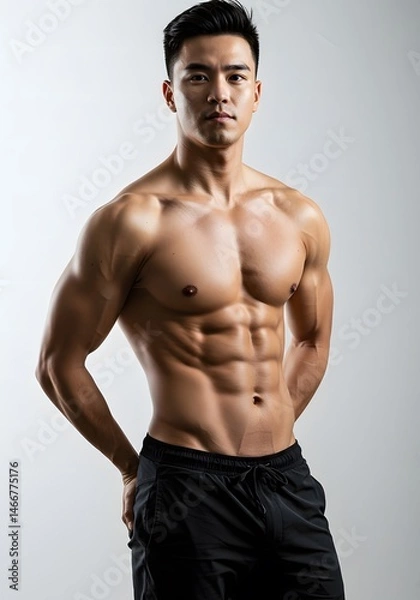 Obraz Shirtless muscular man showing six-pack abs, white studio background