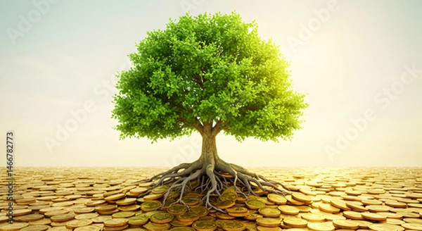 Fototapeta Isolated Green Tree With Exposed Roots in Cracked Earth Against Sunny Sky Showing Environmental Concepts