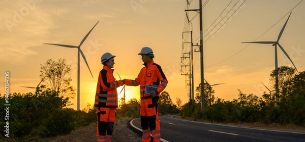Fototapeta Two engineers in bright orange safety uniform and white helmet shaking hands beside road in wind farm at sunset with golden sky. Teamwork successful and renewable green energy development concept
