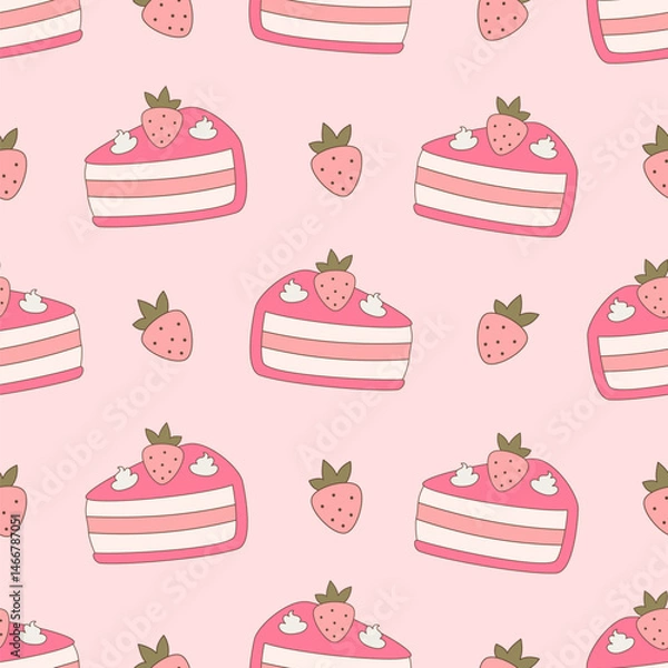 Fototapeta Cute hand drawn cartoon seamless vector pattern illustration with strawberry slice cakes on pink background