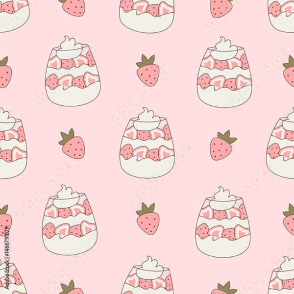 Fototapeta  Cute hand drawn seamless vector pattern illustration with glass with strawberry with whipped cream on pink background