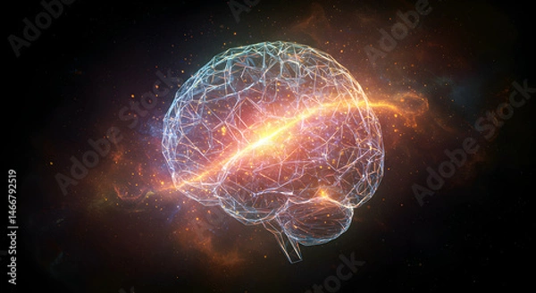 Fototapeta Abstract Digital Brain Graphic With Glowing Lines And Dots Against Dark Space Background