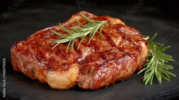 Fototapeta Savory Steak Delight: A mouthwatering, cooked steak, garnished with fresh rosemary, sits invitingly, promising a delightful culinary experience.