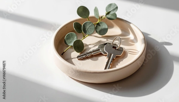 Fototapeta A serene arrangement of keys and a eucalyptus branch on a light tray, illuminated by soft natural light, creating a calming atmosphere in the room