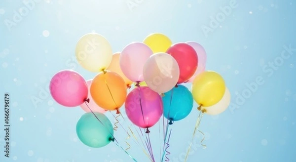 Fototapeta Bunch of colorful balloons against a light blue sky with small stars.