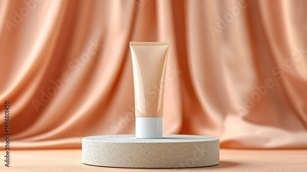 Fototapeta Luxury cosmetic tube on white platform with peach satin fabric for elegant skincare product promotion