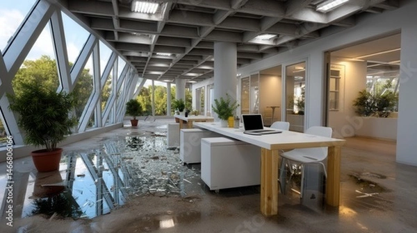 Fototapeta Modern office space with flooding and water damage, disrupted work environment, ruined furniture, and emergency situation indoors